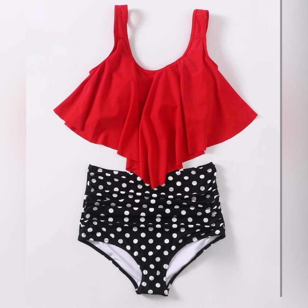 Red Ruffle Bikini Top with Black Polka Dot Bottoms